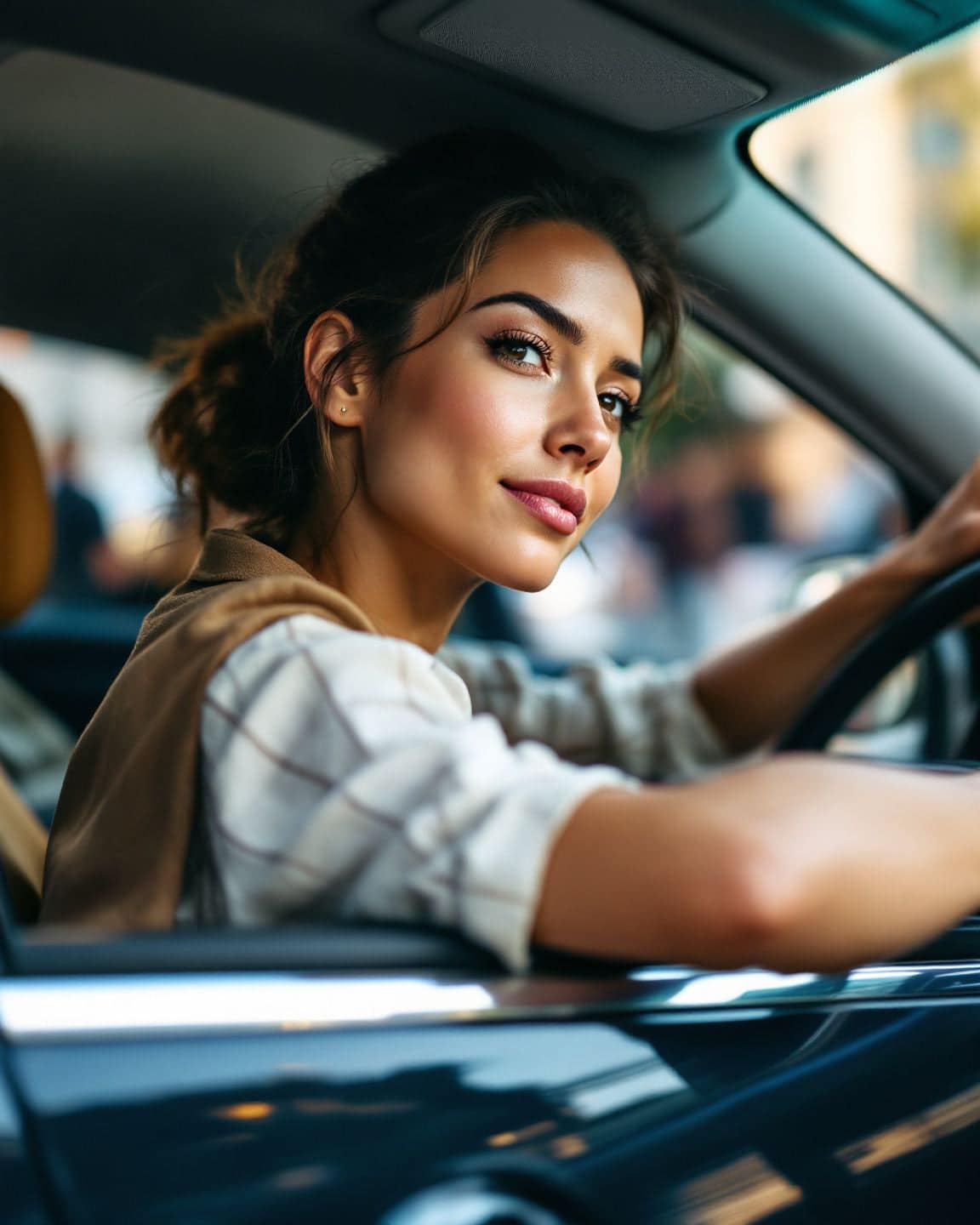 A driver adjusts her side mirror at a city intersection.