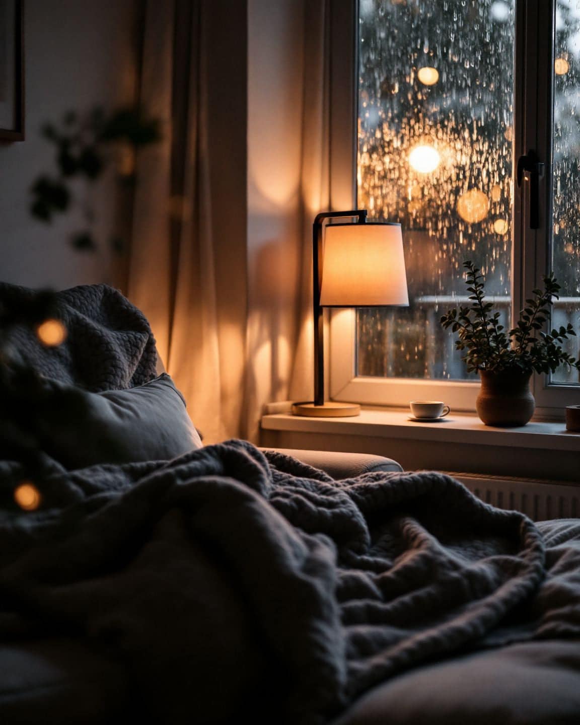 A cozy living room with a lamp on during a rainy evening.