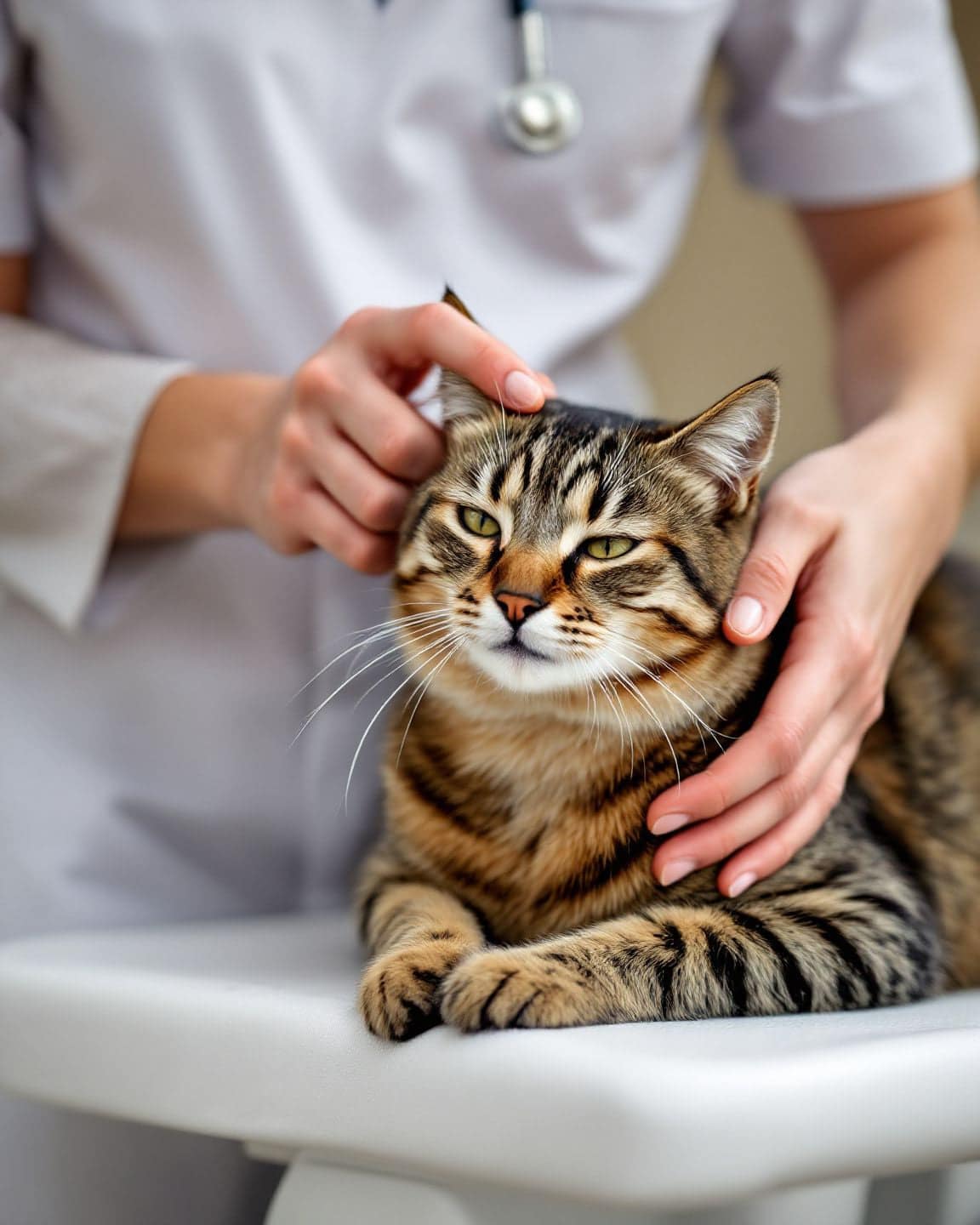A veterinarian gently examines a tabby cat while its owner watches.