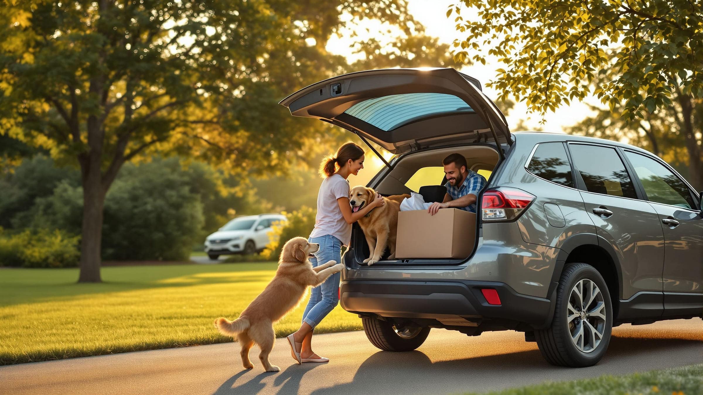 A couple loads boxes into the back of an SUV in their driveway at golden hour while two golden retrievers join in.