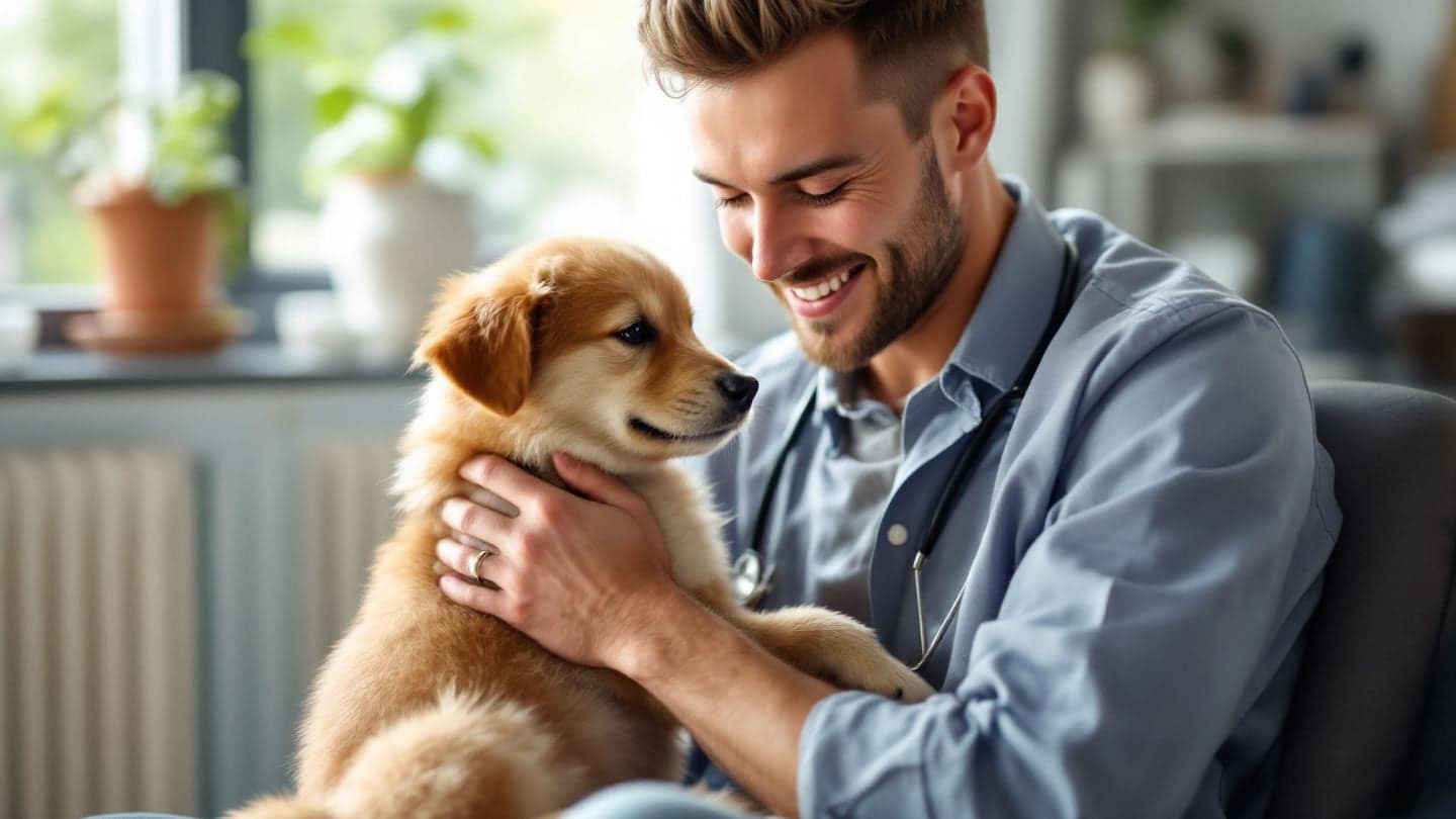 A young man holds a puppy on his lap in a vet waiting area.